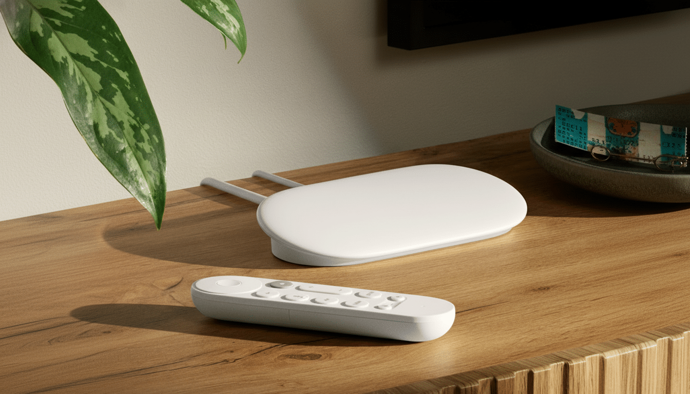 A white, oval-shaped device with two antennas and a matching white remote control resting on a wooden surface, with a green plant in the foreground.