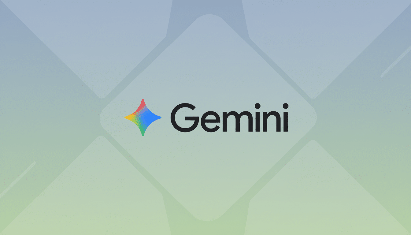 The Gemini logo, featuring a colorful, four-pointed star icon to the left of the word Gemini in black text, set against a professional flat design background with soft, light blue and green gradients and subtle geometric patterns.