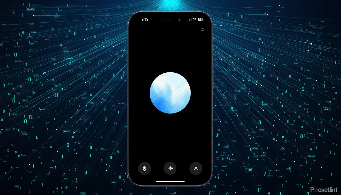 A smartphone displaying a video call interface with a blue and white circular profile picture, set against a background of digital code.