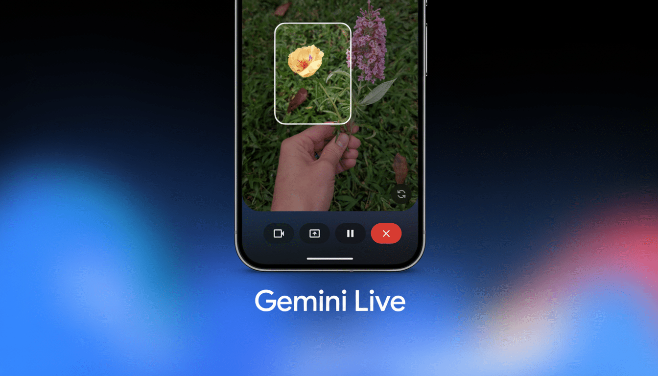 A smartphone displaying a video call interface with a person holding a yellow flower, set against a blurred blue and pink background with the text Gemini Live at the bottom.