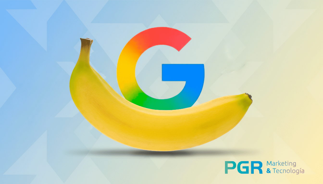A banana in front of the Google G logo, with a professional flat design background featuring soft blue and yellow gradients and subtle patterns. The PGR Marketing & Tecnología logo is in the bottom right corner.