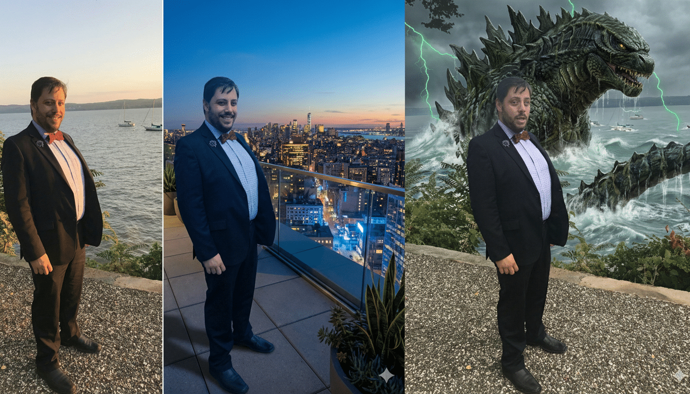 A man in a suit with a bow tie standing on a balcony overlooking a city skyline at dusk.