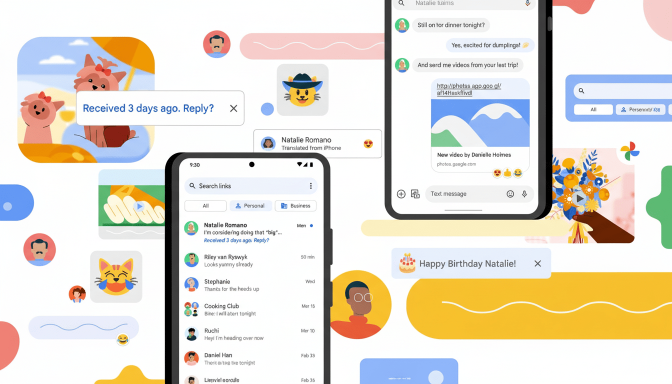 A professionally enhanced image of a mobile phone displaying a messaging app interface, surrounded by various chat bubbles and cartoon elements, resized to a 16:9 aspect ratio.