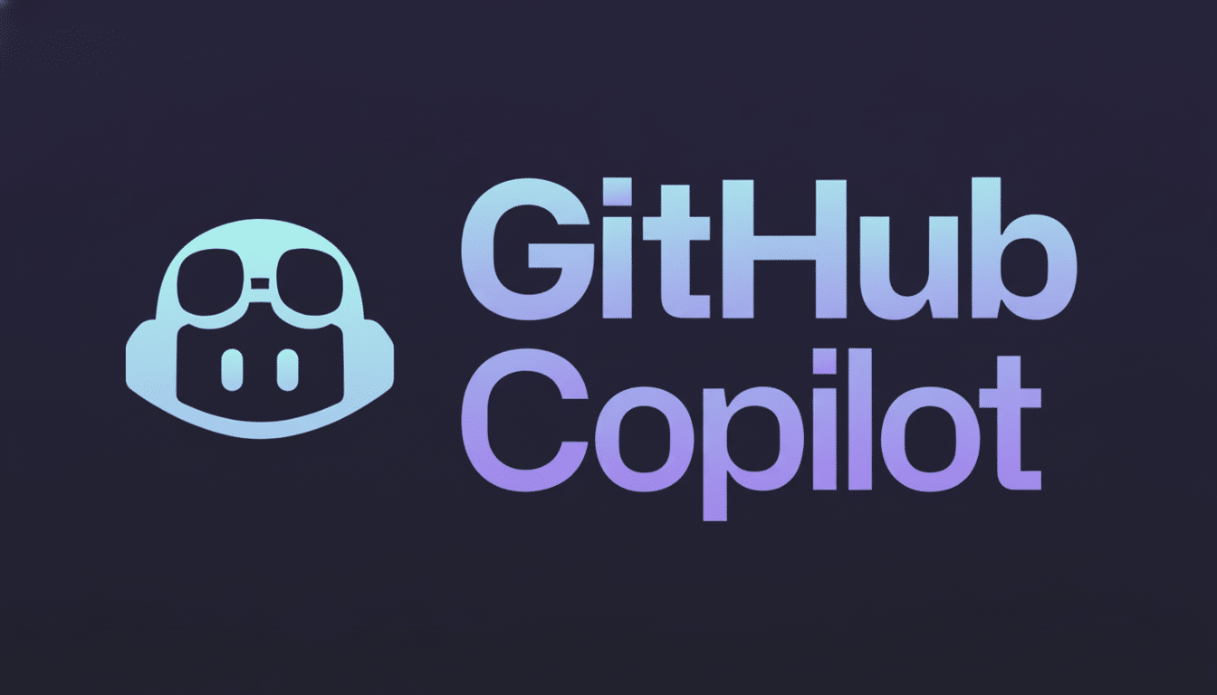 The GitHub Copilot logo, featuring a stylized robot head icon in light blue and purple gradients, alongside the text GitHub Copilot in matching gradient colors, all set against a dark background.