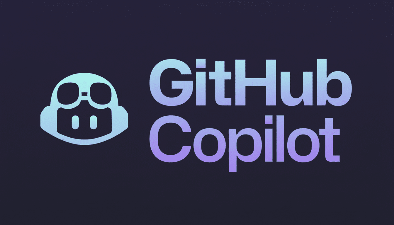 The GitHub Copilot logo, featuring a stylized robot head icon and the text GitHub Copilot in a gradient of light blue to purple, set against a dark background.