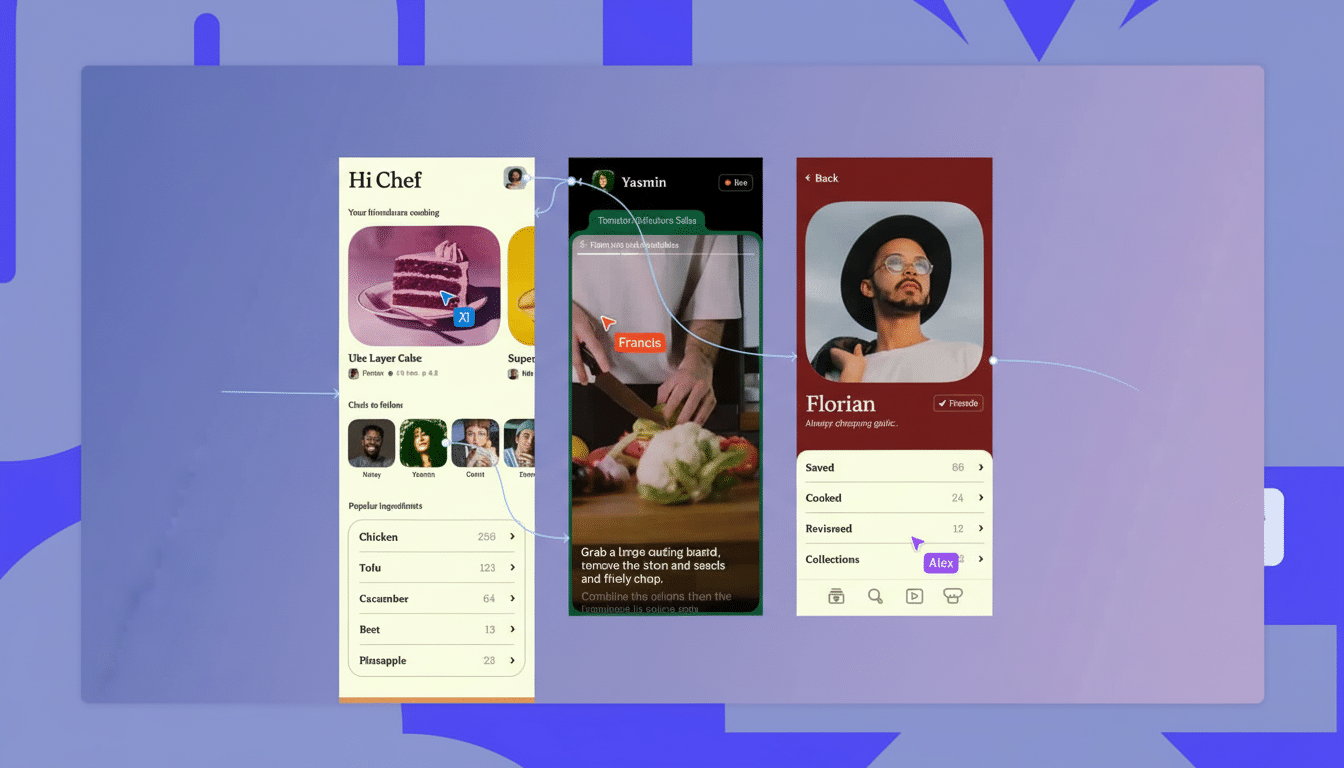 A screenshot of a design software interface showing multiple mobile app screens, including a Hi Chef cooking app with recipes and user profiles, and a social media-like profile for Florian.