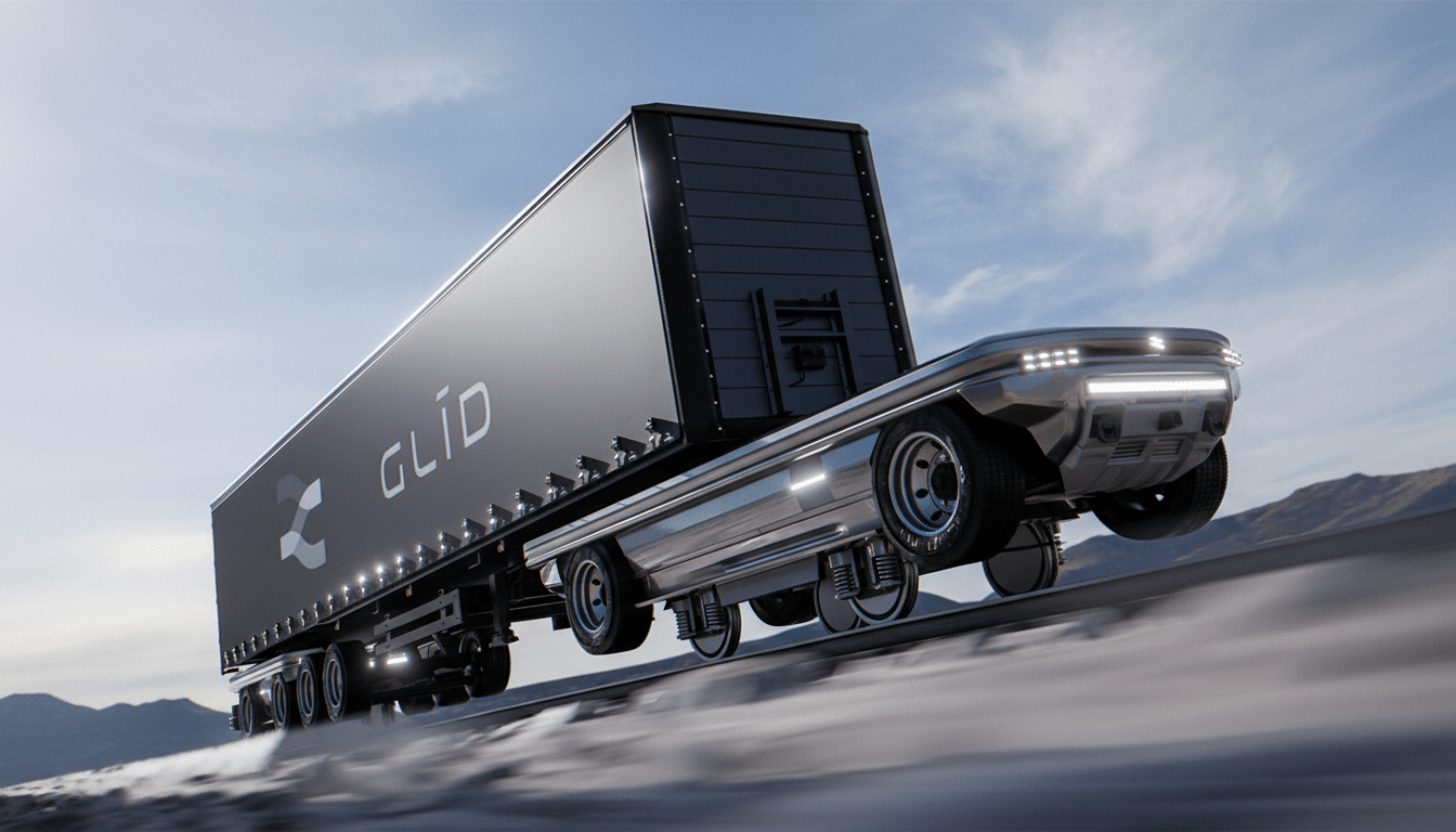A modern, sleek black semi-trailer truck with GLID written on its side, driving on a road with a mountainous background under a clear sky.