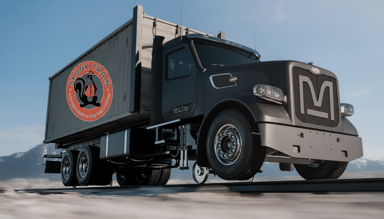 A dark grey truck with a Skunk Train logo on its side, driving on what appears to be train tracks, with mountains in the background under a clear sky.