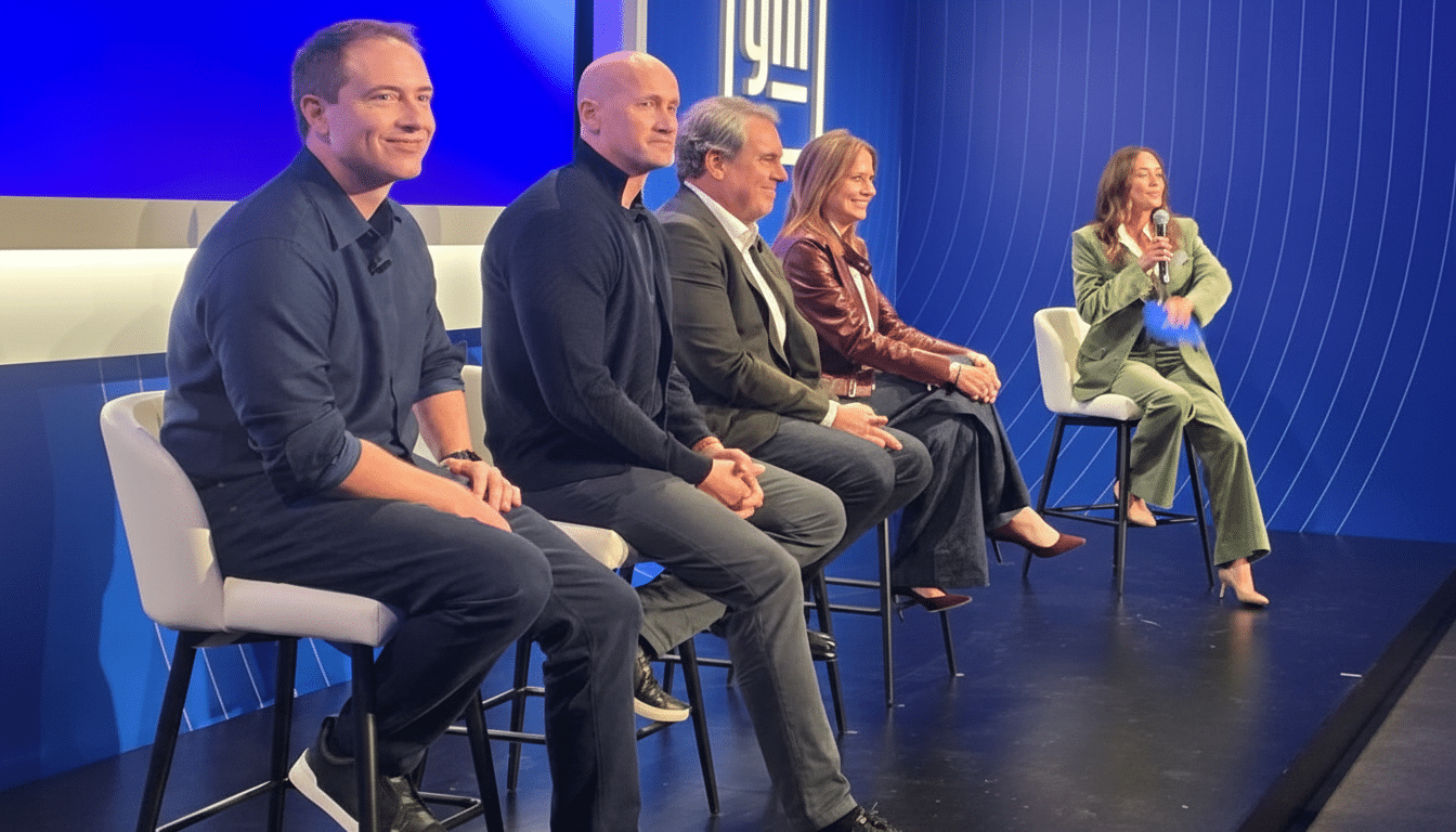 A panel of five people, four men and one woman, are seated on white stools on a stage with a blue background featuring the GM logo. A woman in a green suit stands at a podium on the right, speaking into a microphone.