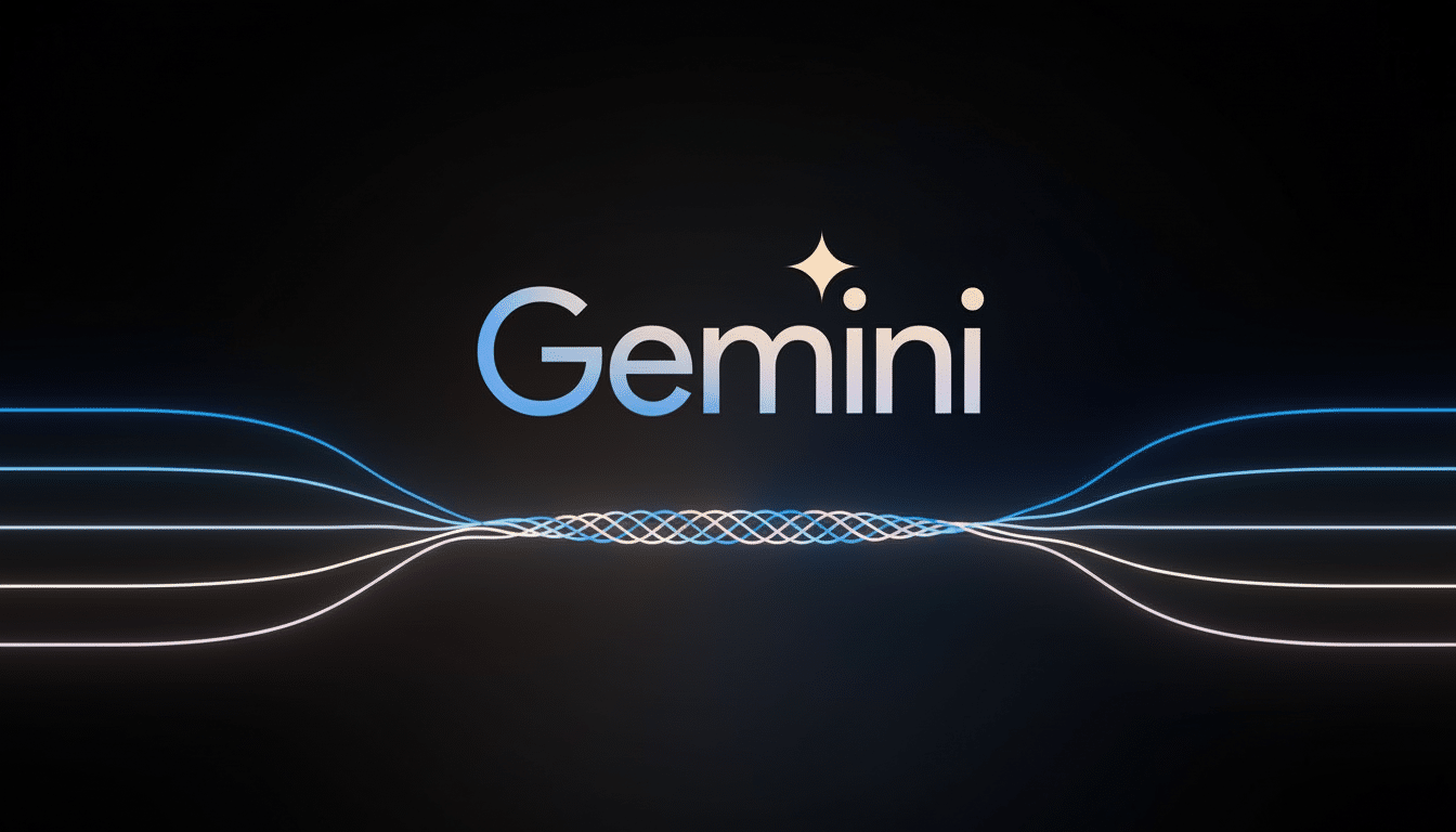 The Gemini logo, featuring the word Gemini in a light blue to white gradient with a sparkling star replacing the dot over the i, centered on a black background. Below the logo, several thin, glowing lines in shades of blue, pink, and white curve inwards from both sides, meeting in a braided pattern at the center before curving back outwards.