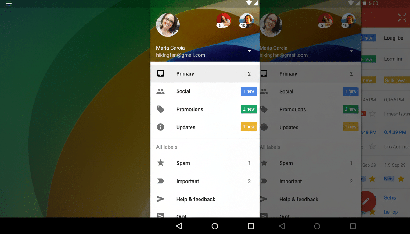 A screenshot of a mobile email application with a sidebar menu open, displaying user information and email categories.