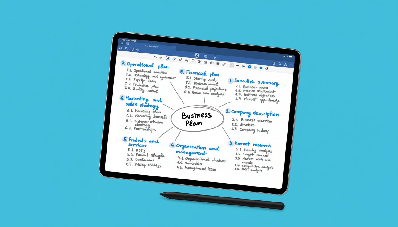 A tablet displaying a business plan mind map, with a stylus resting below it, set against a professional flat blue background.