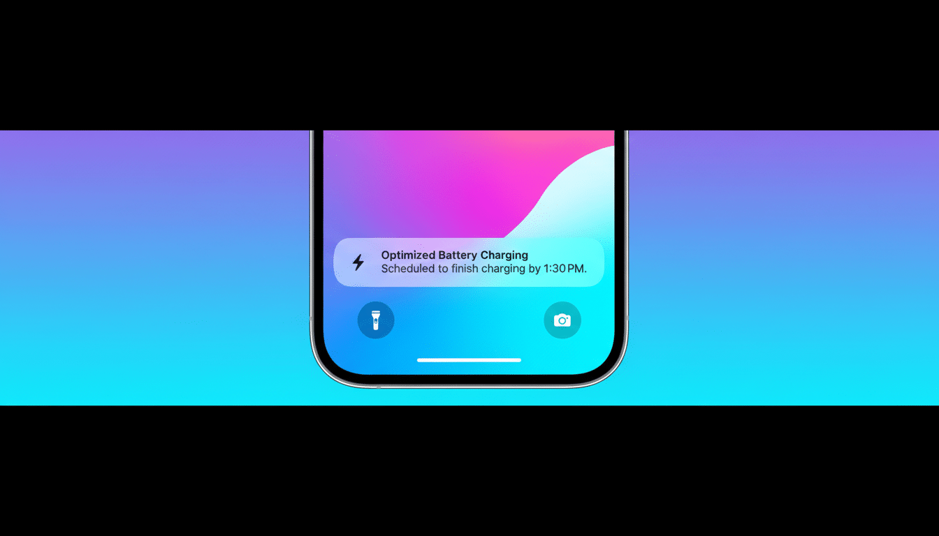 A close-up of an iPhone screen displaying an Optimized Battery Charging notification, scheduled to finish by 1:30 PM. The background is a gradient of blue and purple.