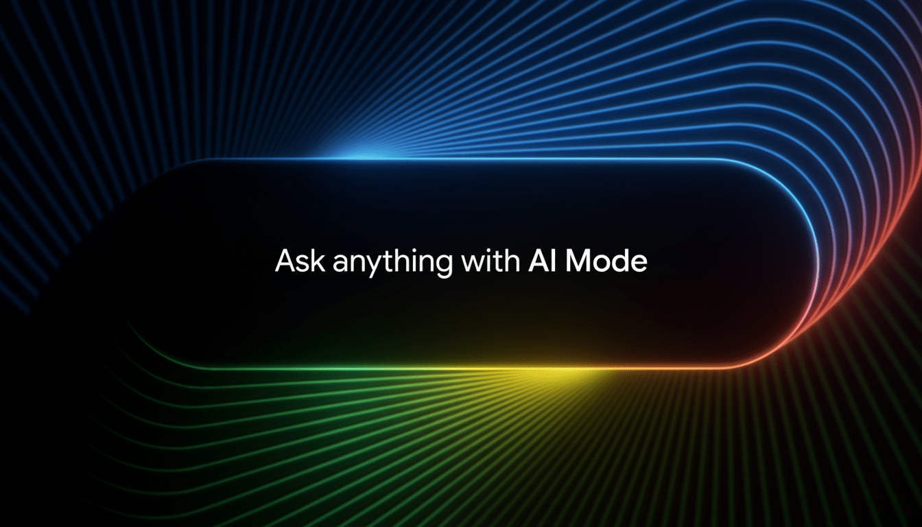A black rectangular box with rounded corners, outlined in a glowing gradient of blue, red, and green, against a dark background with radiating neon lines in similar colors. The text Ask anything with AI Mode is centered within the box.