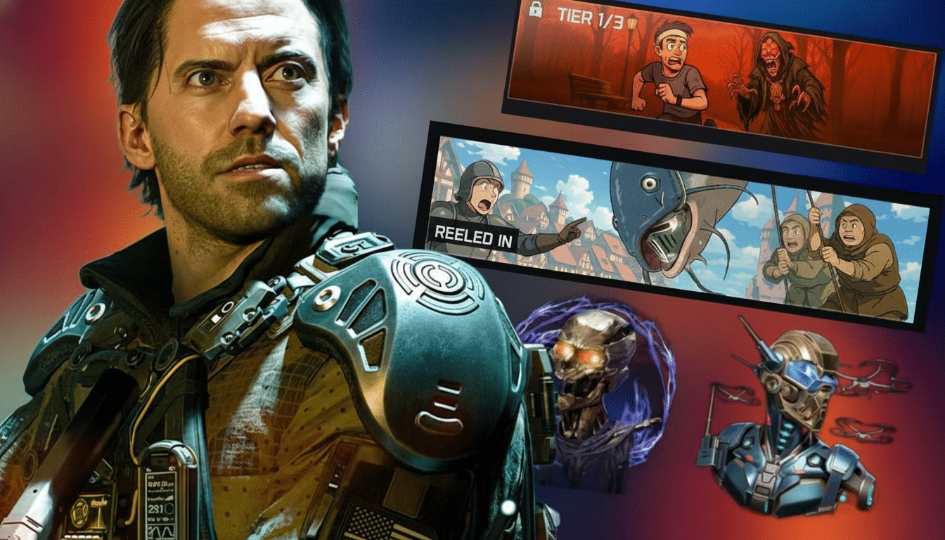 A man with dark hair and a beard wearing futuristic armor, looking to the left, with various game-related images in the background.