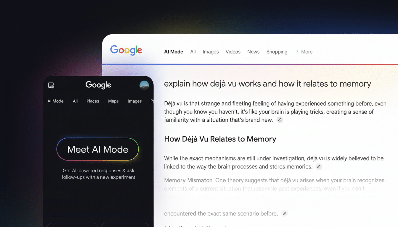 A Google search interface displaying a query about déjà vu and its relation to memory, with a mobile interface showing Meet AI Mode on the left.