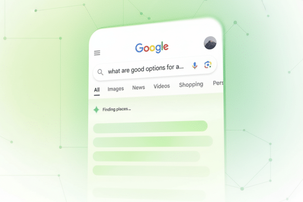 A close-up of a smartphone screen displaying the Google search interface with the query what are good options for a... in the search bar. The background is a soft green gradient with subtle geometric patterns.