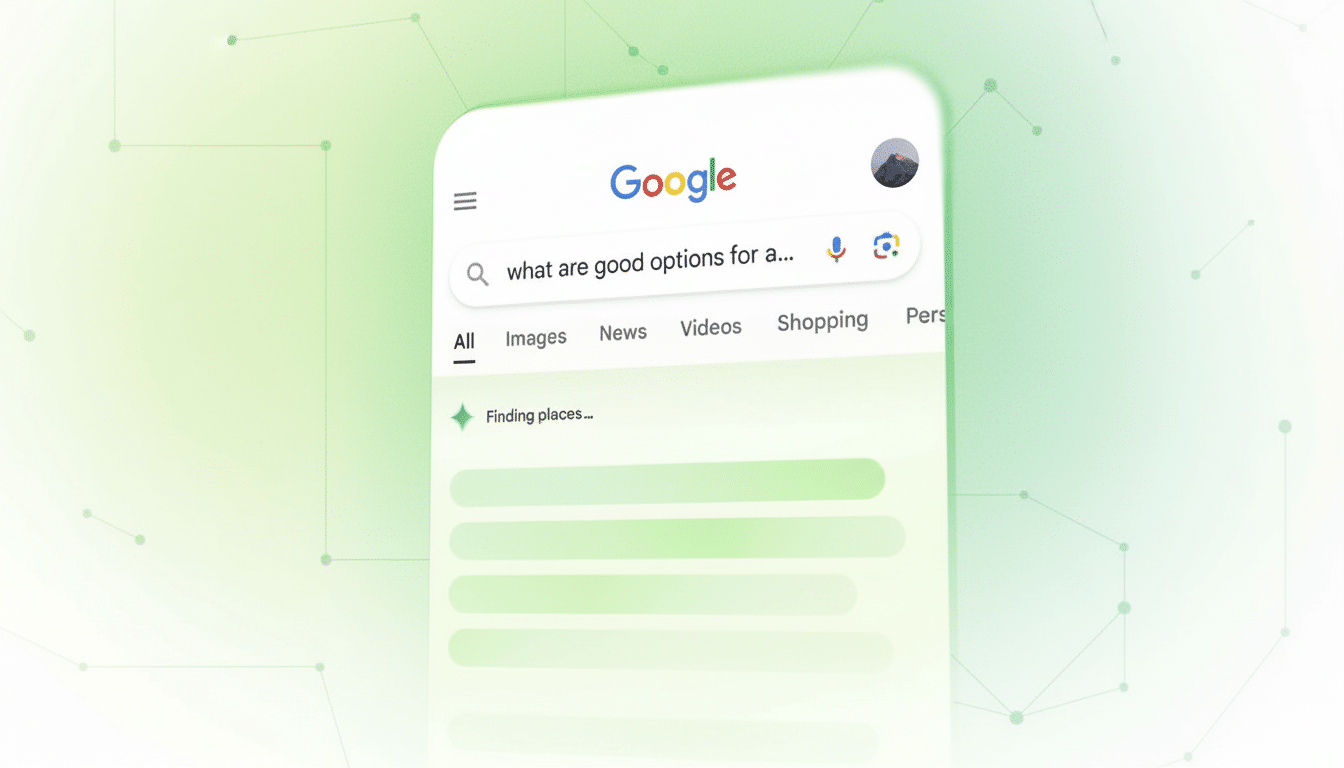 A close-up of a smartphone screen displaying the Google search interface with the query what are good options for a... in the search bar. The background is a soft green gradient with subtle geometric patterns.