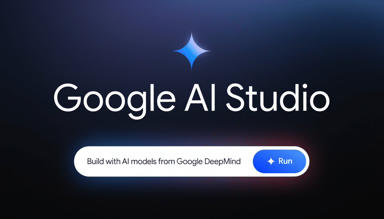 The Google AI Studio logo and tagline Build with AI models from Google DeepMind with a Run button, set against a dark, gradient background with a sparkling star icon.