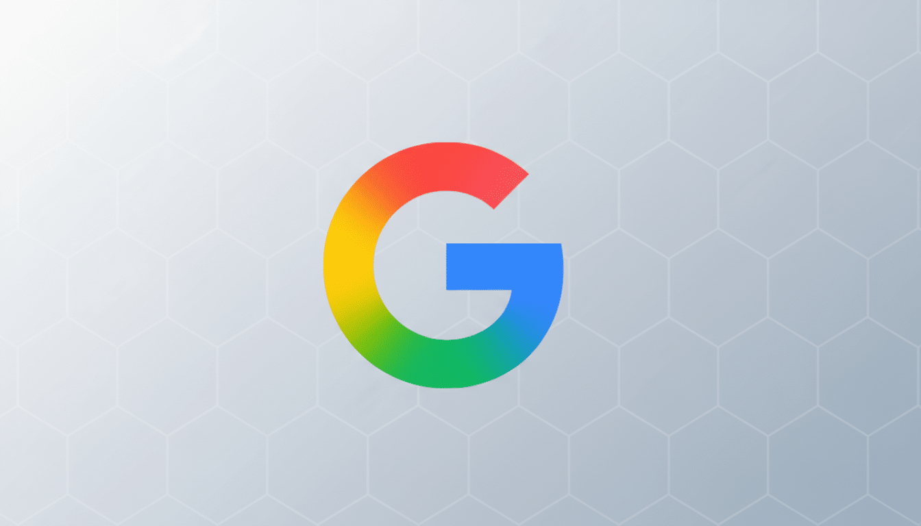 The Google G logo, featuring a rainbow gradient, centered on a light gray background with a subtle hexagonal pattern.