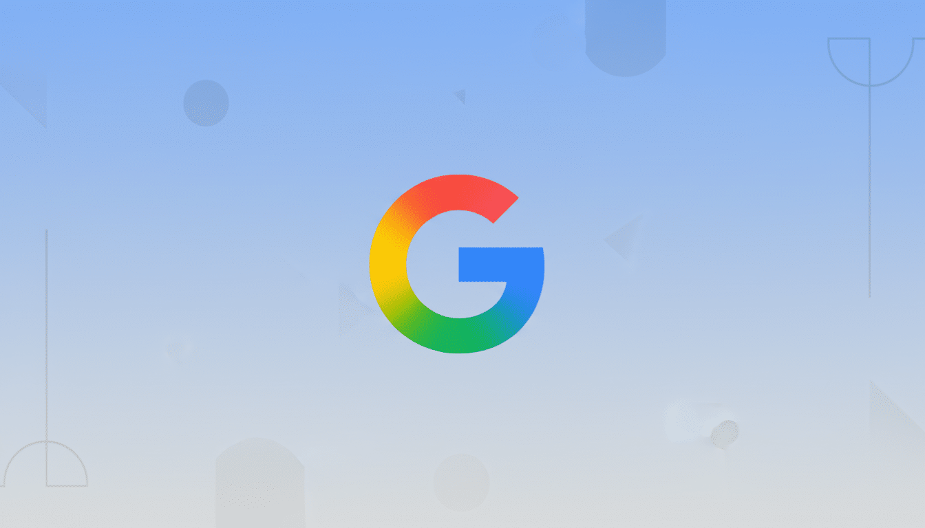 The Google G logo, in its iconic red, yellow, green, and blue colors, centered on a professional 16:9 aspect ratio background with a soft blue gradient and subtle geometric patterns.