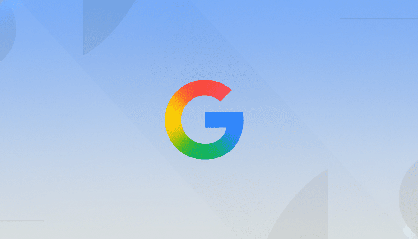 The Google G logo, in its iconic red, yellow, green, and blue colors, centered on a professional 16:9 aspect ratio background with a soft blue gradient and subtle geometric patterns.