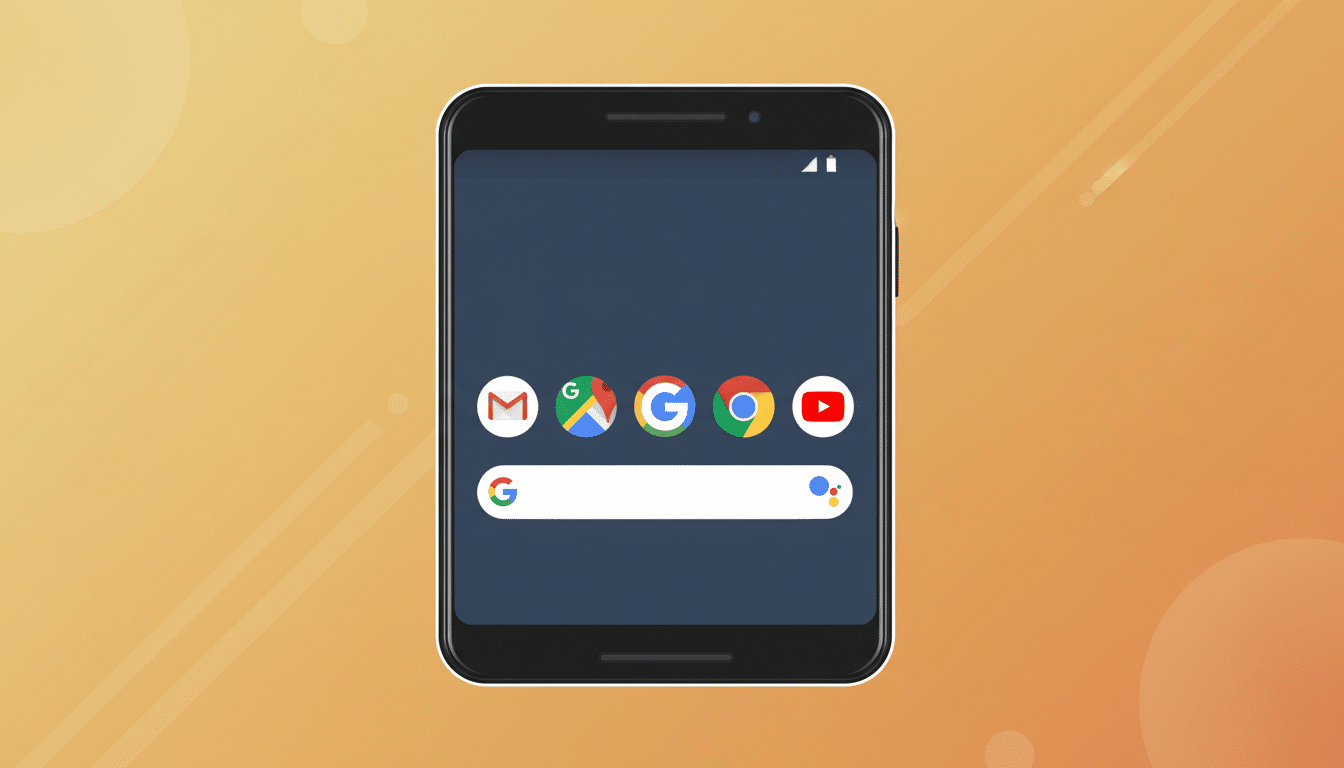A smartphone displaying Google apps and a search bar, set against a professional flat design background with soft orange gradients and subtle patterns.
