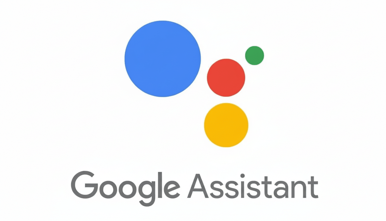 The Google Assistant logo, featuring four colored dots (blue, red, yellow, and green) above the text Google Assistant, presented on a white background with a 16:9 aspect ratio.