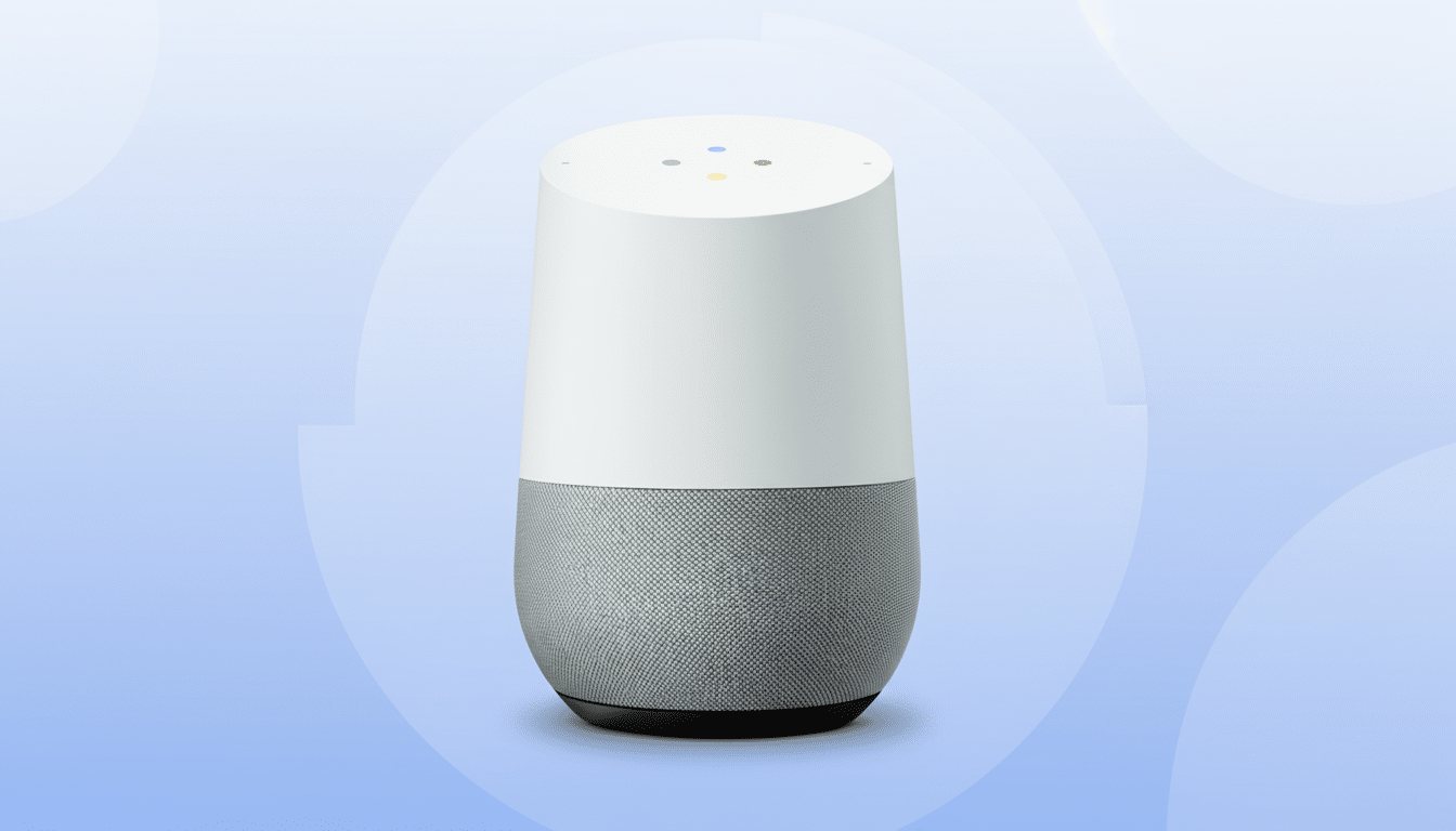 A Google Home smart speaker with a white top and gray fabric base, set against a professional light blue background with subtle, soft patterns.