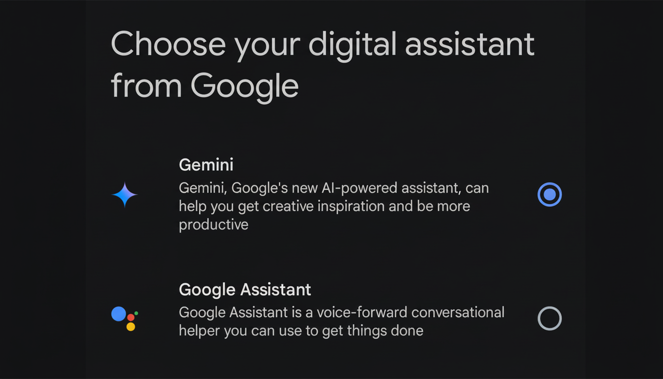 A screenshot of a Google interface asking the user to choose between Gemini and Google Assistant.