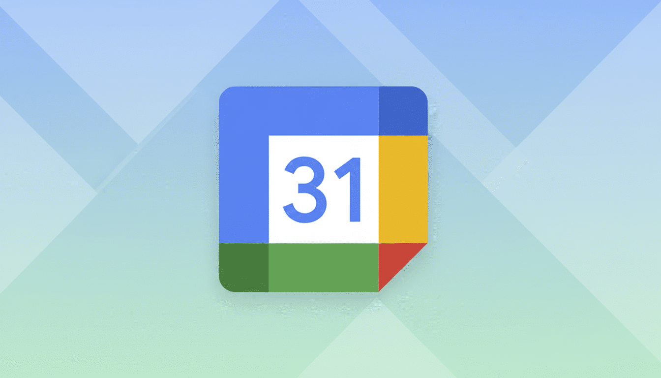 A 16:9 aspect ratio image of the Google Calendar icon, featuring a blue, yellow, green, and red square with the number 31 in the center, set against a professional flat design background with soft patterns and gradients.