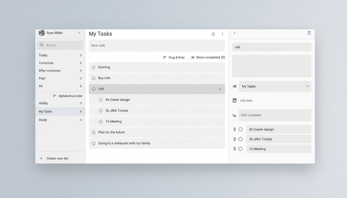 A professional, enhanced screenshot of a task management application with a 16:9 aspect ratio. The interface displays a user named Ryan Miller, a search bar, task categories like Today, Tomorrow, and My Tasks, and a list of tasks including Running, Buy milk, and Job with subtasks. The background is a subtle, light gray geometric pattern.