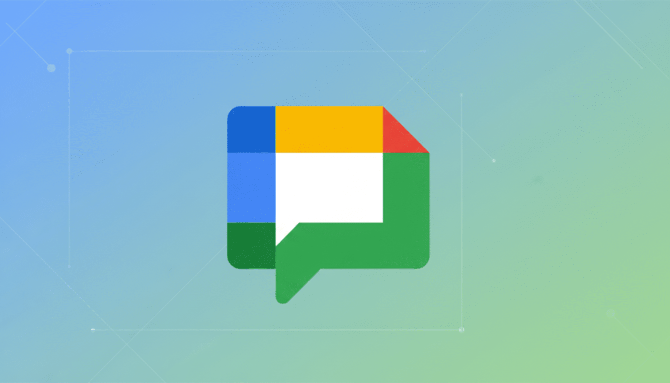 The Google Chat logo, a colorful speech bubble icon, centered on a professional blue and green gradient background with subtle geometric patterns.