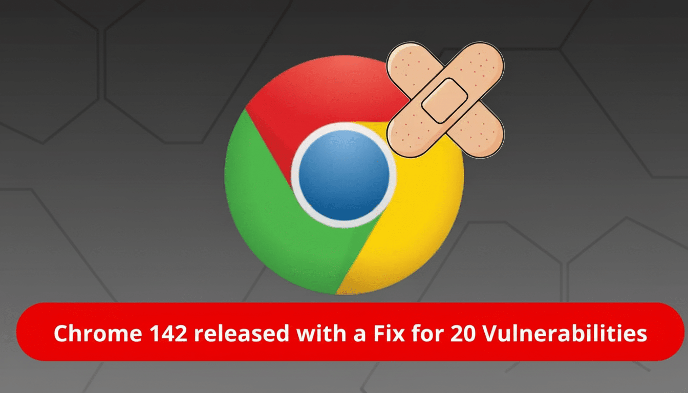 The Chrome logo with two crossed band-aids on it, above a red banner that reads Chrome 142 released with a Fix for 20 Vulnerabilities, all set against a dark gray background with subtle geometric patterns.
