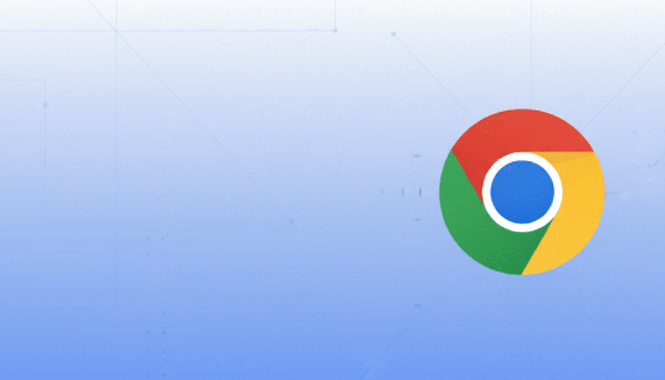 The Google Chrome logo, a red, yellow, and green circle with a blue circle in the center, is displayed on a light blue background with subtle geometric patterns.