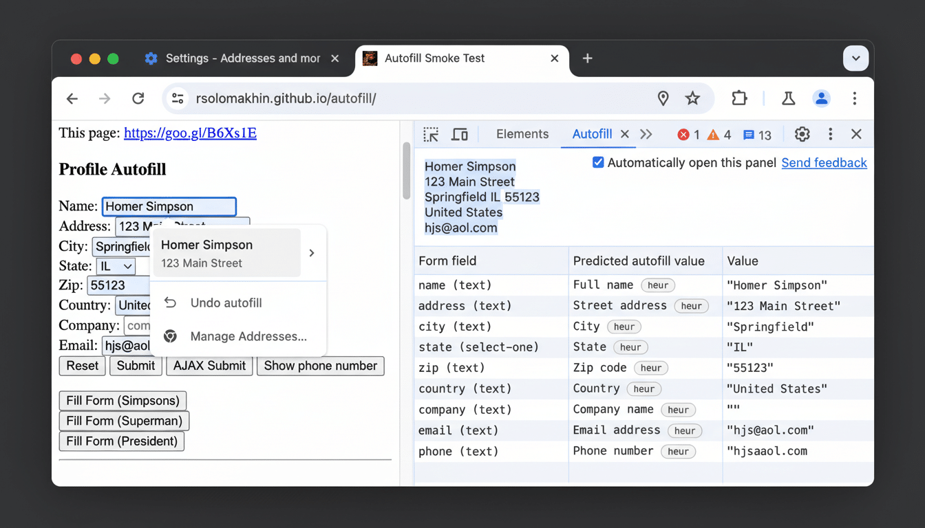 A screenshot of a web browser displaying a profile autofill form with Homer Simpson as the autofilled name.