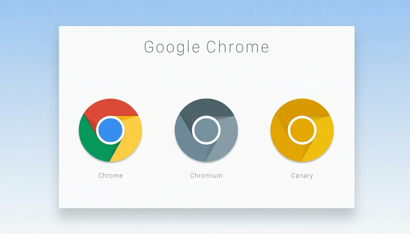A 16:9 aspect ratio image showing the Google Chrome, Chromium, and Canary logos on a white card, with a light blue background featuring a subtle hexagonal pattern.