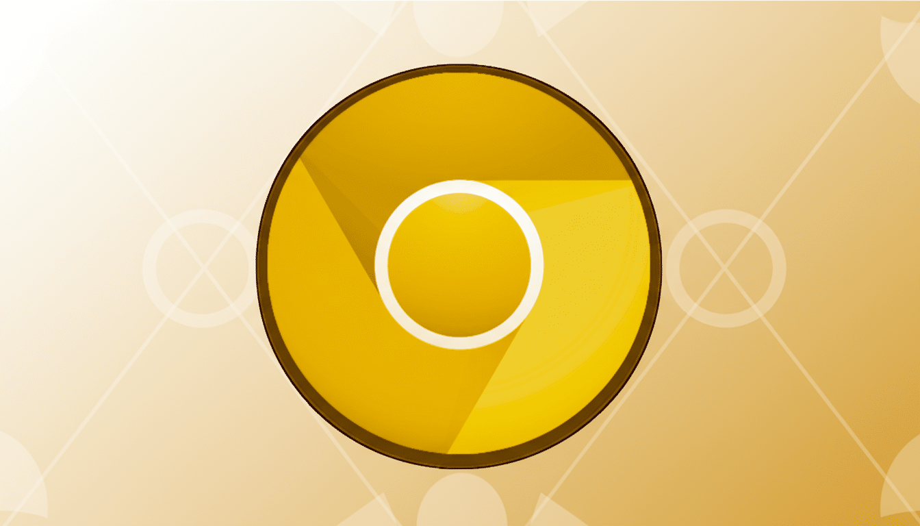 A professionally enhanced image of the Google Chrome Canary icon, featuring a golden circle with the Chrome logo in the center, set against a soft, gradient background with subtle geometric patterns.