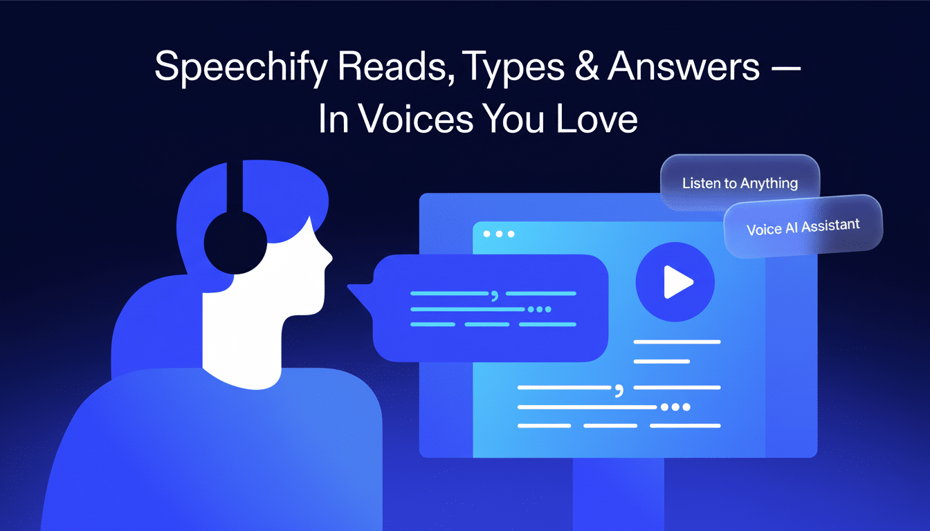A 16:9 aspect ratio image with the text Speechify Reads, Types & Answers — In Voices You Love at the top. Below, a person with headphones is shown next to a computer screen displaying a play button and text. Two speech bubbles float near the screen, one saying Listen to Anything and the other Voice AI Assistant.