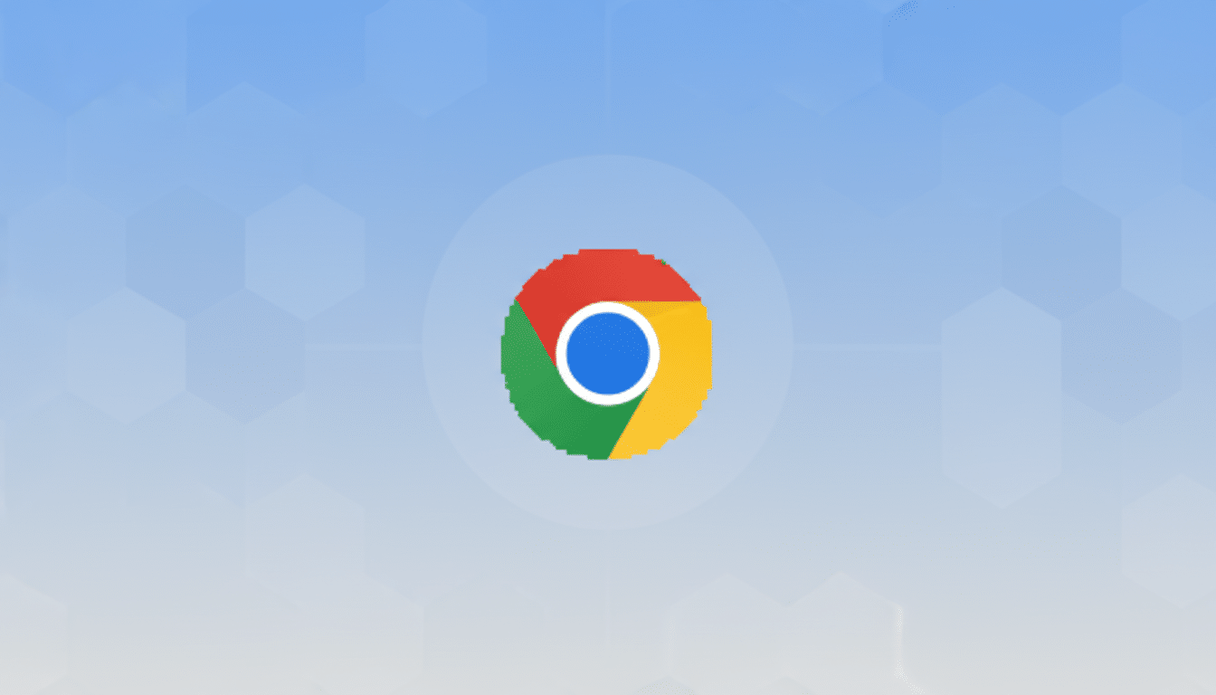 The Google Chrome logo centered on a light blue and white gradient background with a subtle hexagonal pattern.