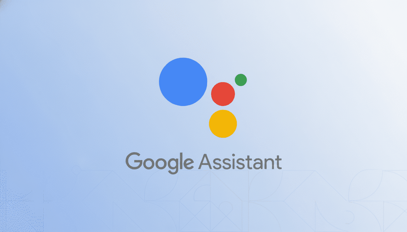 The Google Assistant logo and text on a light blue background with subtle geometric patterns.