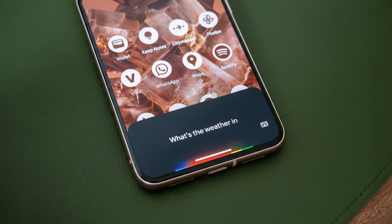A close-up of a smartphone screen displaying various app icons and a search bar that reads Whats the weather in. The phone is resting on a dark green surface.