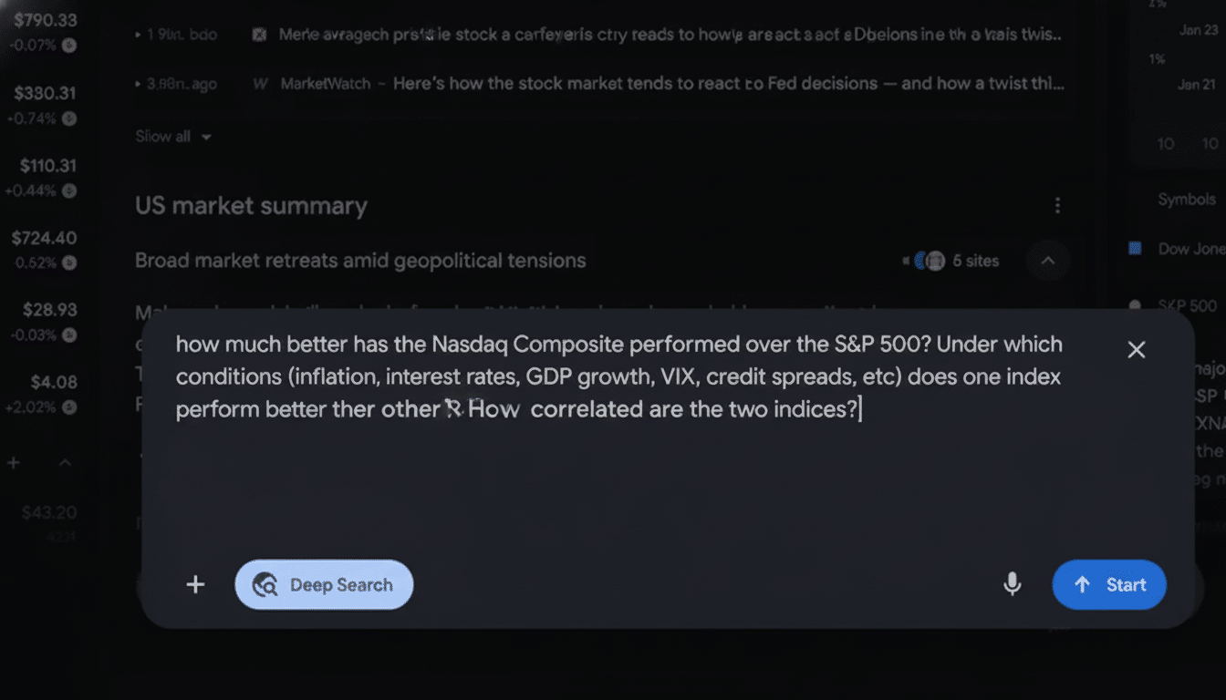 A screenshot of a search query on a dark-themed interface, asking about the performance of the Nasdaq Composite versus the S&P 500.