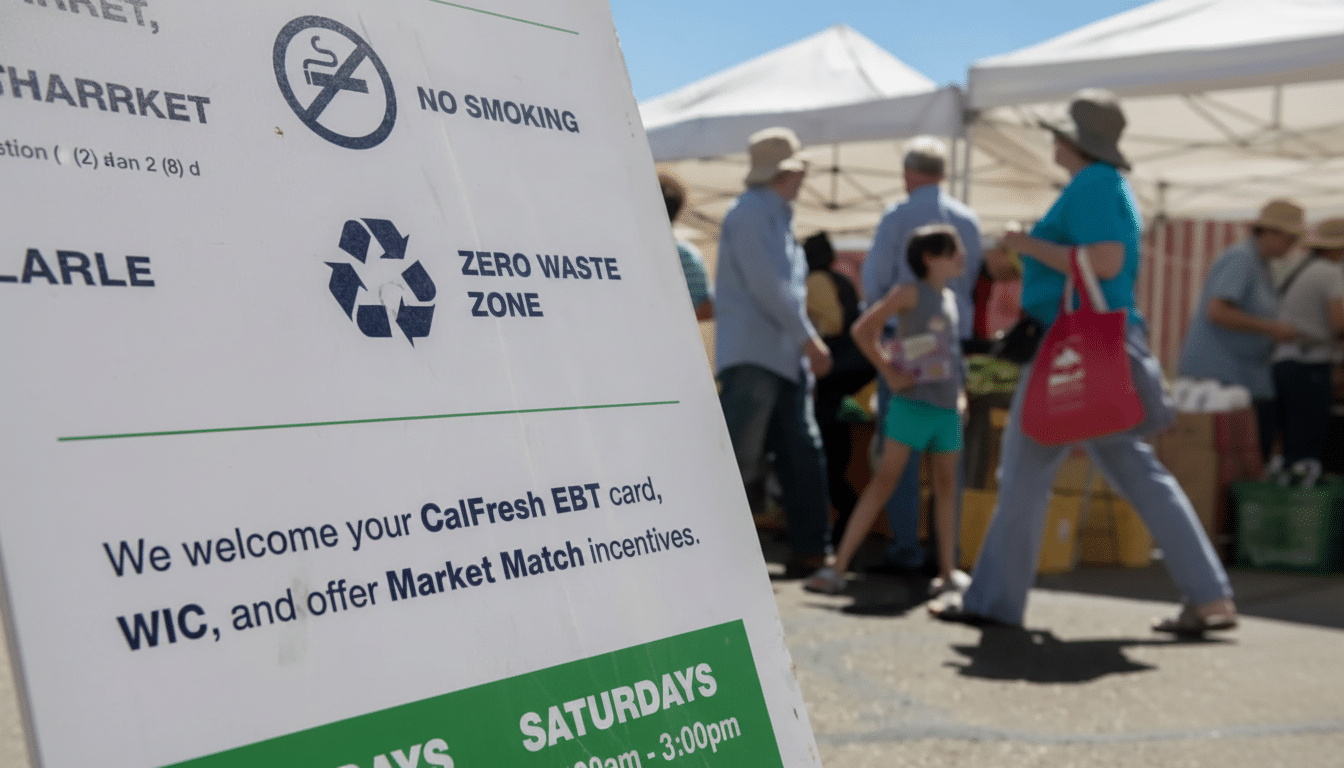 A sign at a market with NO SMOKING and ZERO WASTE ZONE icons, and text welcoming CalFresh EBT, WIC, and Market Match incentives. People are visible in the background under white tents.
