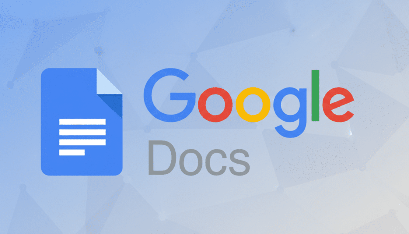 The Google Docs logo, featuring a blue document icon with lines representing text, next to the word Google in its multi-colored font and Docs in gray, set against a professional light blue background with subtle geometric patterns.
