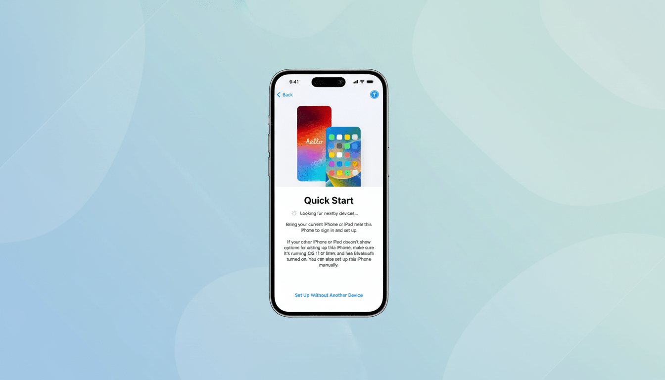 An iPhone displaying the Quick Start screen, with a professional flat design background featuring soft patterns and gradients.