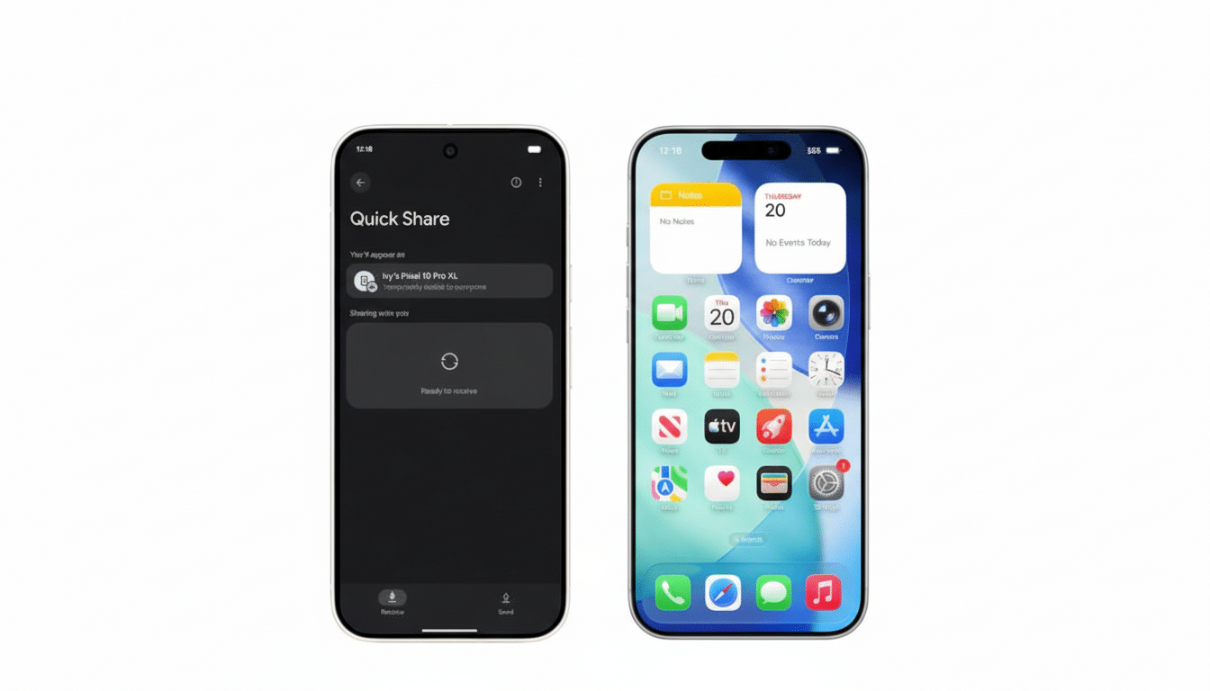 Two smartphones, one displaying a Quick Share interface and the other showing an iOS home screen with app icons and widgets, presented on a white background.