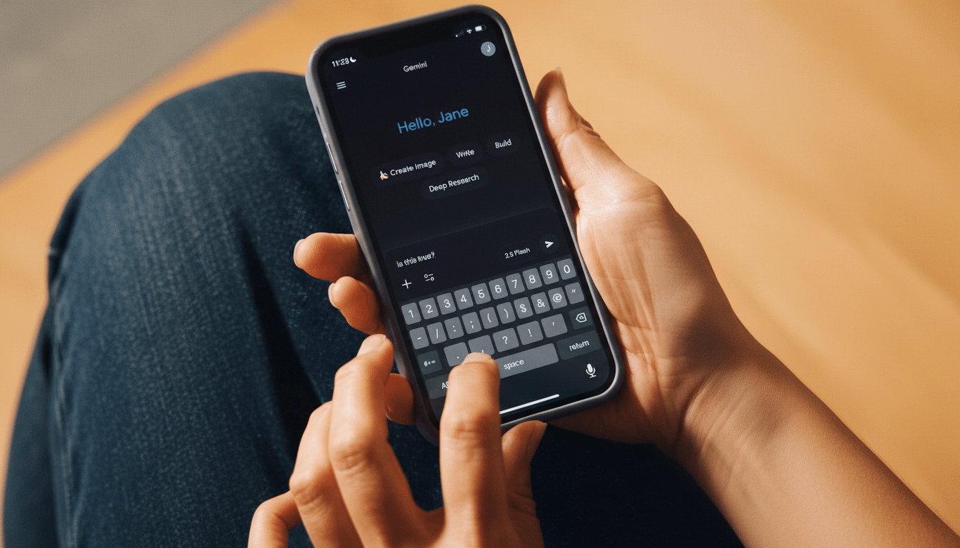 A persons hands typing on a smartphone displaying the Gemini app interface with Hello, Jane and a keyboard.