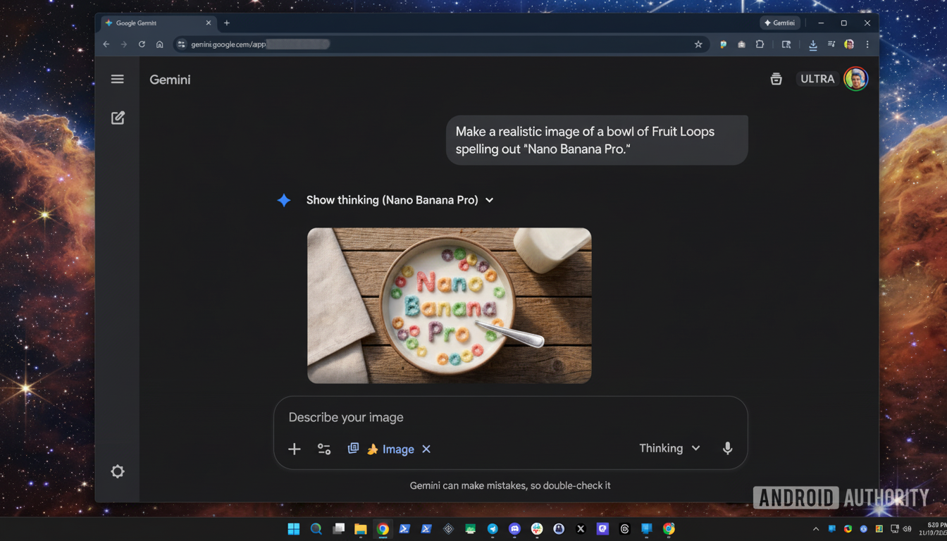 A screenshot of the Google Gemini interface displaying an image of a bowl of Fruit Loops spelling out Nano Banana Pro.