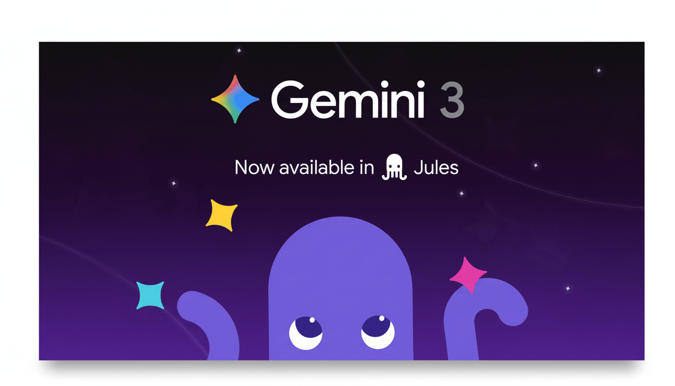 The Gemini 3 logo with the text Now available in Jules and a purple octopus character, resized to a 16:9 aspect ratio.